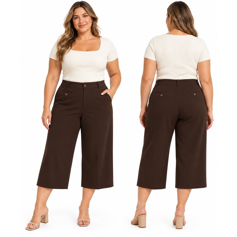 Talbots Woman Pants 16W Brown Cropped Wide Leg Stretch Career Office Business